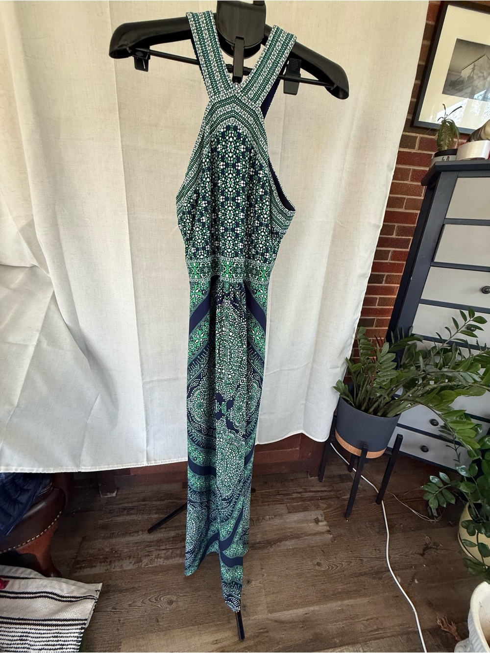 Green Patterned Halter Maxi Dress - Sleeveless Boho Style